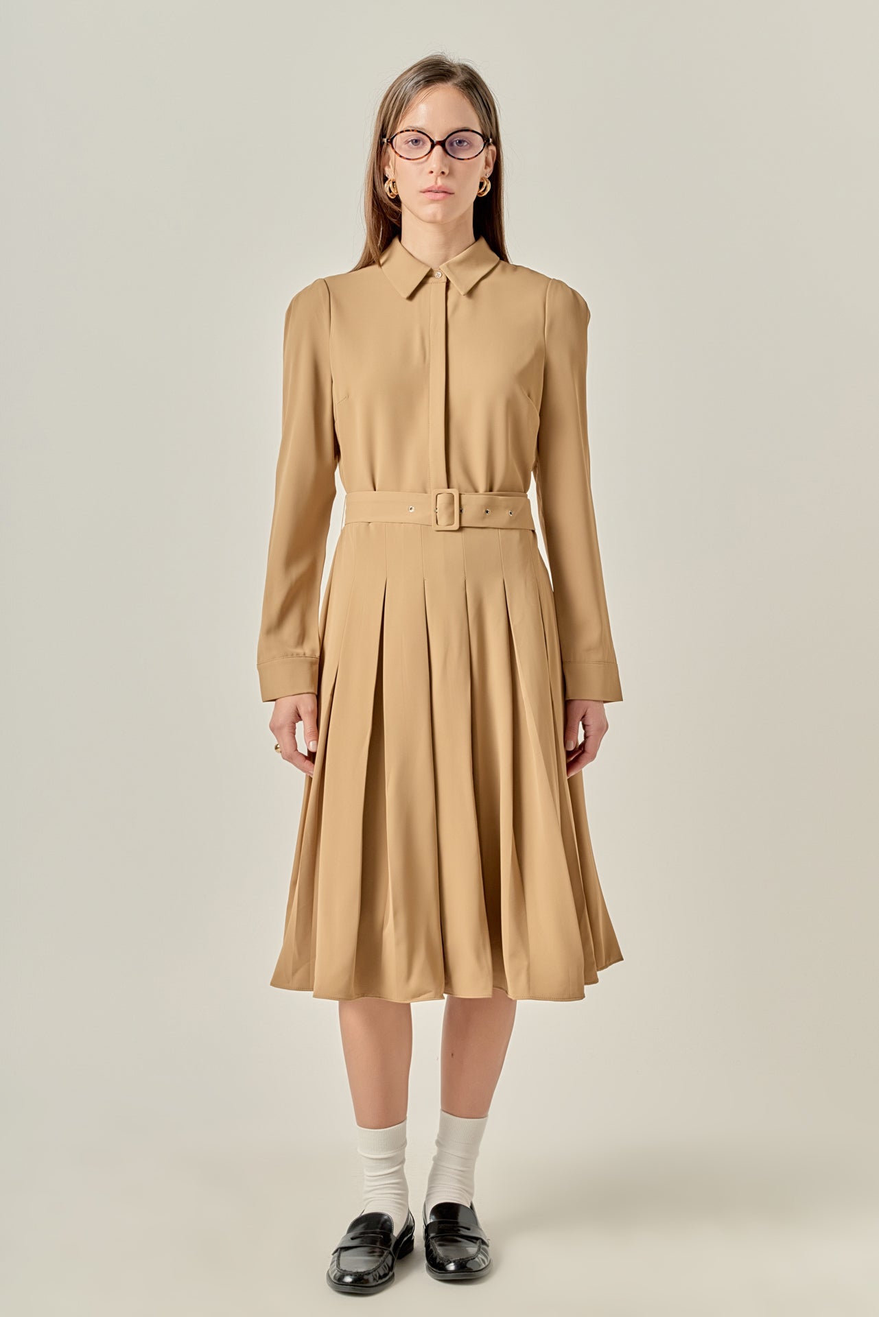 ENGLISH FACTORY - Pleated Collared Long Sleeve Midi Dress - DRESSES available at Objectrare