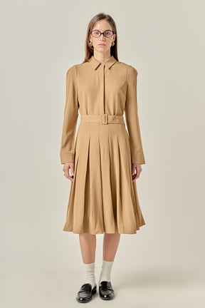 ENGLISH FACTORY - Pleated Collared Long Sleeve Midi Dress - DRESSES available at Objectrare