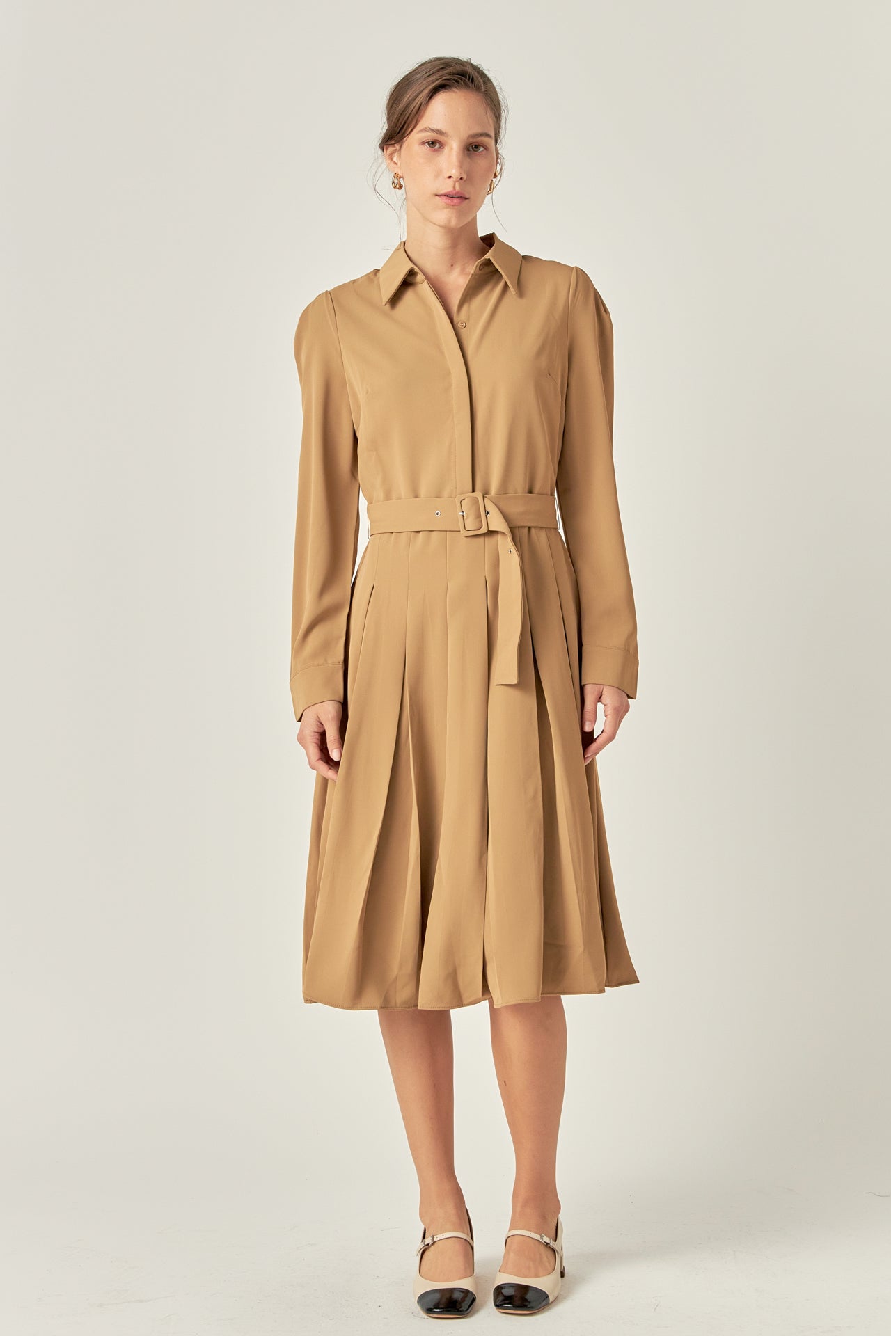 ENGLISH FACTORY - Pleated Collared Long Sleeve Midi Dress - DRESSES available at Objectrare