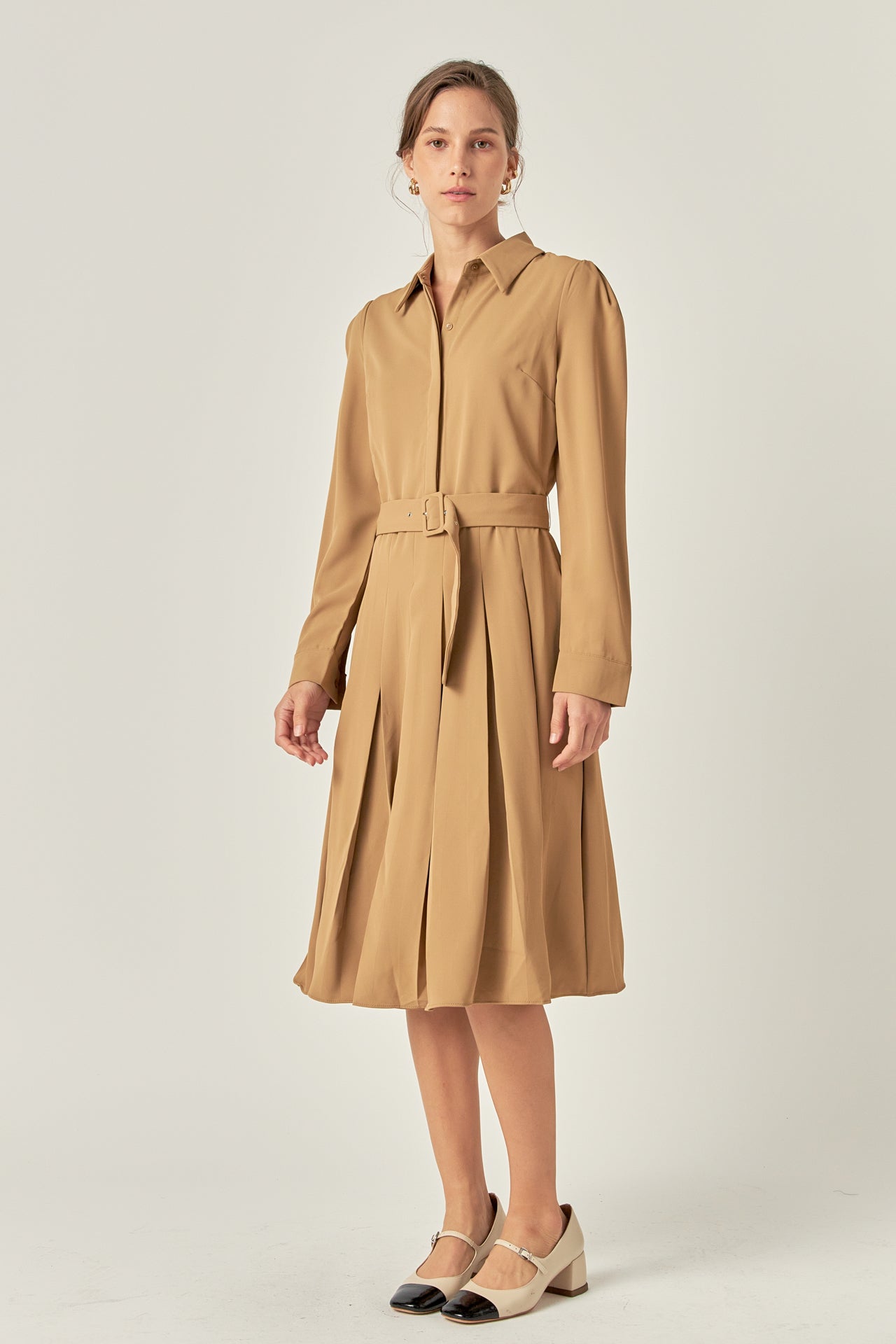 ENGLISH FACTORY - Pleated Collared Long Sleeve Midi Dress - DRESSES available at Objectrare