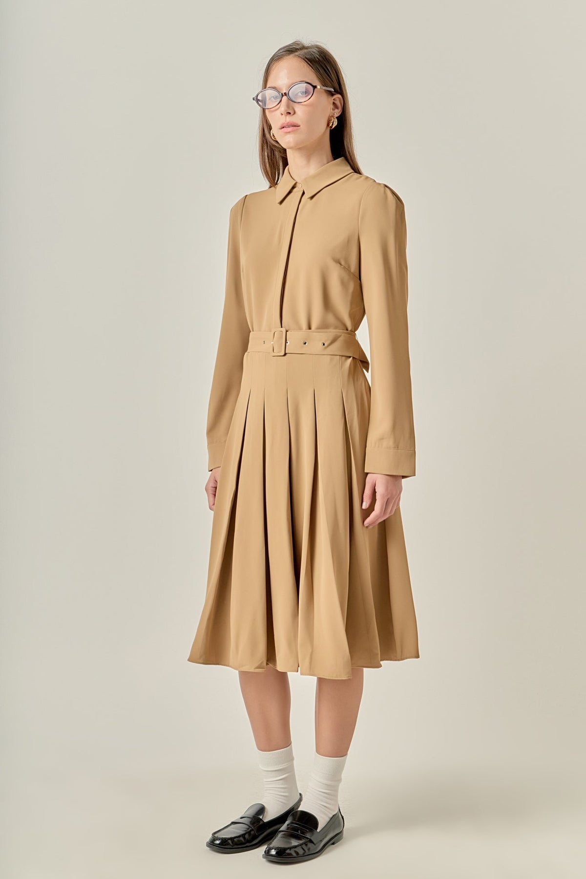 ENGLISH FACTORY - Pleated Collared Long Sleeve Midi Dress - DRESSES available at Objectrare