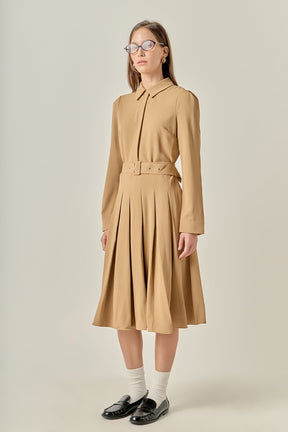 ENGLISH FACTORY - Pleated Collared Long Sleeve Midi Dress - DRESSES available at Objectrare