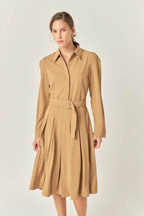 ENGLISH FACTORY - Pleated Collared Long Sleeve Midi Dress - DRESSES available at Objectrare