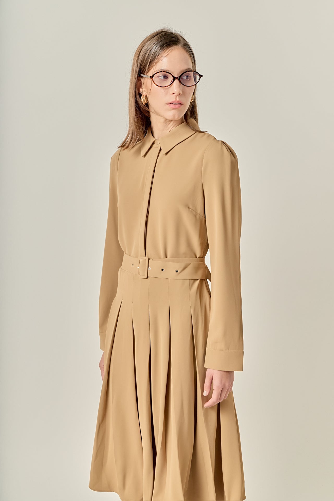 ENGLISH FACTORY - Pleated Collared Long Sleeve Midi Dress - DRESSES available at Objectrare