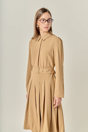 ENGLISH FACTORY - Pleated Collared Long Sleeve Midi Dress - DRESSES available at Objectrare