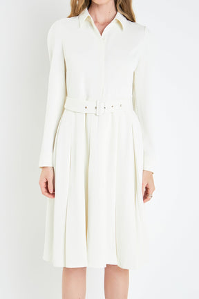 ENGLISH FACTORY - Pleated Collared Long Sleeve Midi Dress - DRESSES available at Objectrare