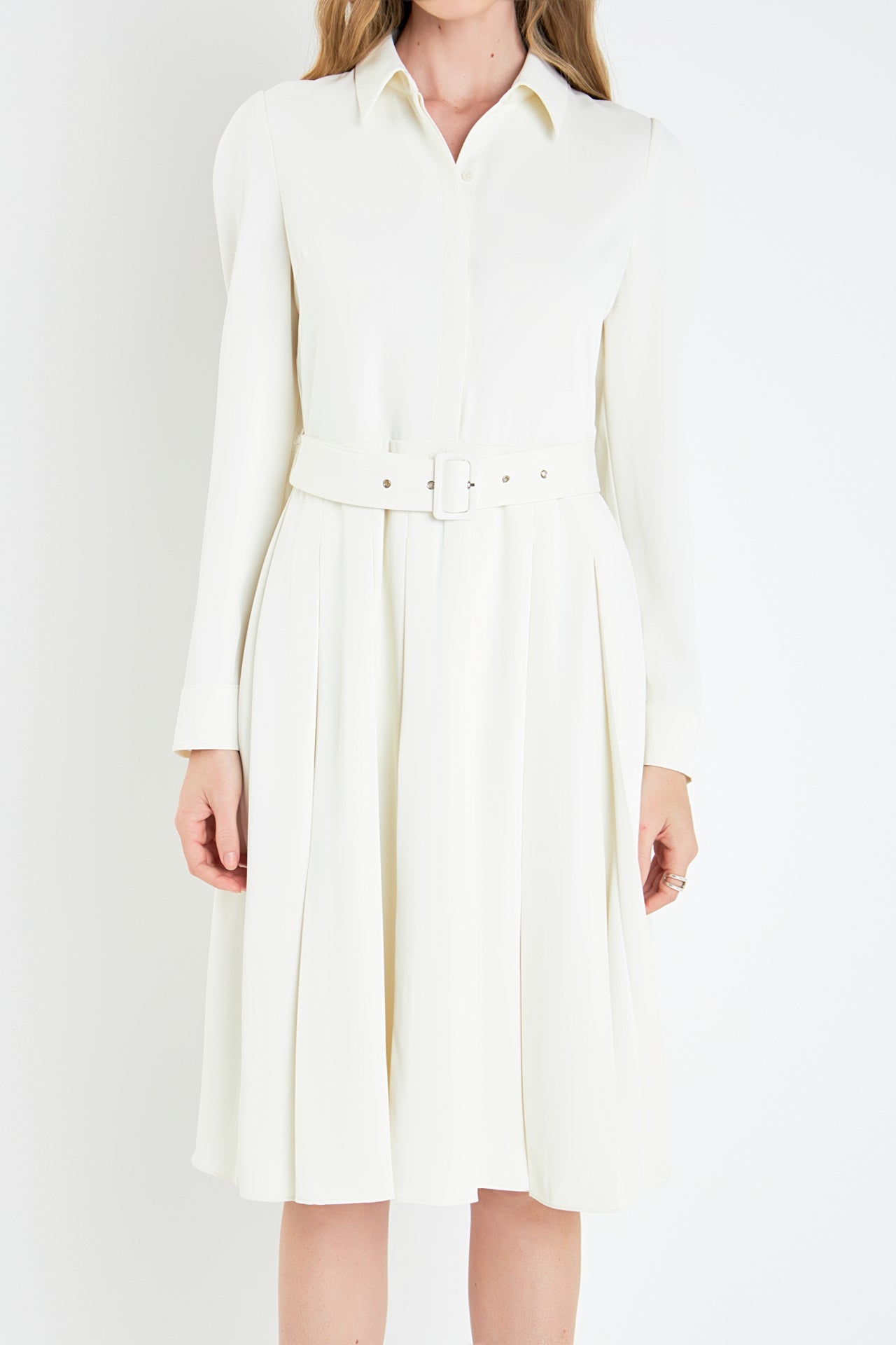 ENGLISH FACTORY - English Factory - Pleated Collared Long Sleeve Midi Dress - DRESSES available at Objectrare