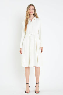 ENGLISH FACTORY - Pleated Collared Long Sleeve Midi Dress - DRESSES available at Objectrare