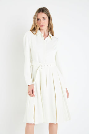 ENGLISH FACTORY - Pleated Collared Long Sleeve Midi Dress - DRESSES available at Objectrare