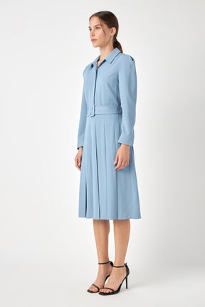 ENGLISH FACTORY - Pleated Collared Long Sleeve Midi Dress - DRESSES available at Objectrare
