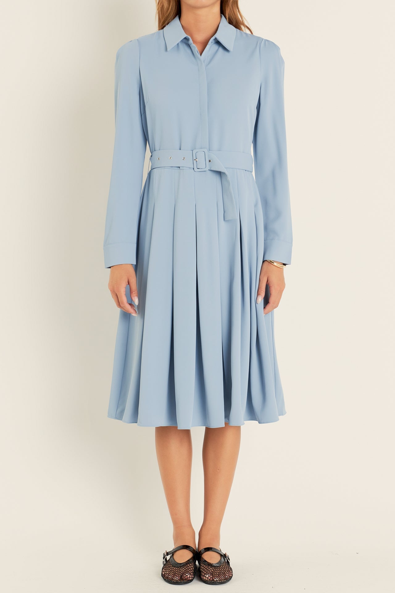 ENGLISH FACTORY - Pleated Collared Long Sleeve Midi Dress - DRESSES available at Objectrare