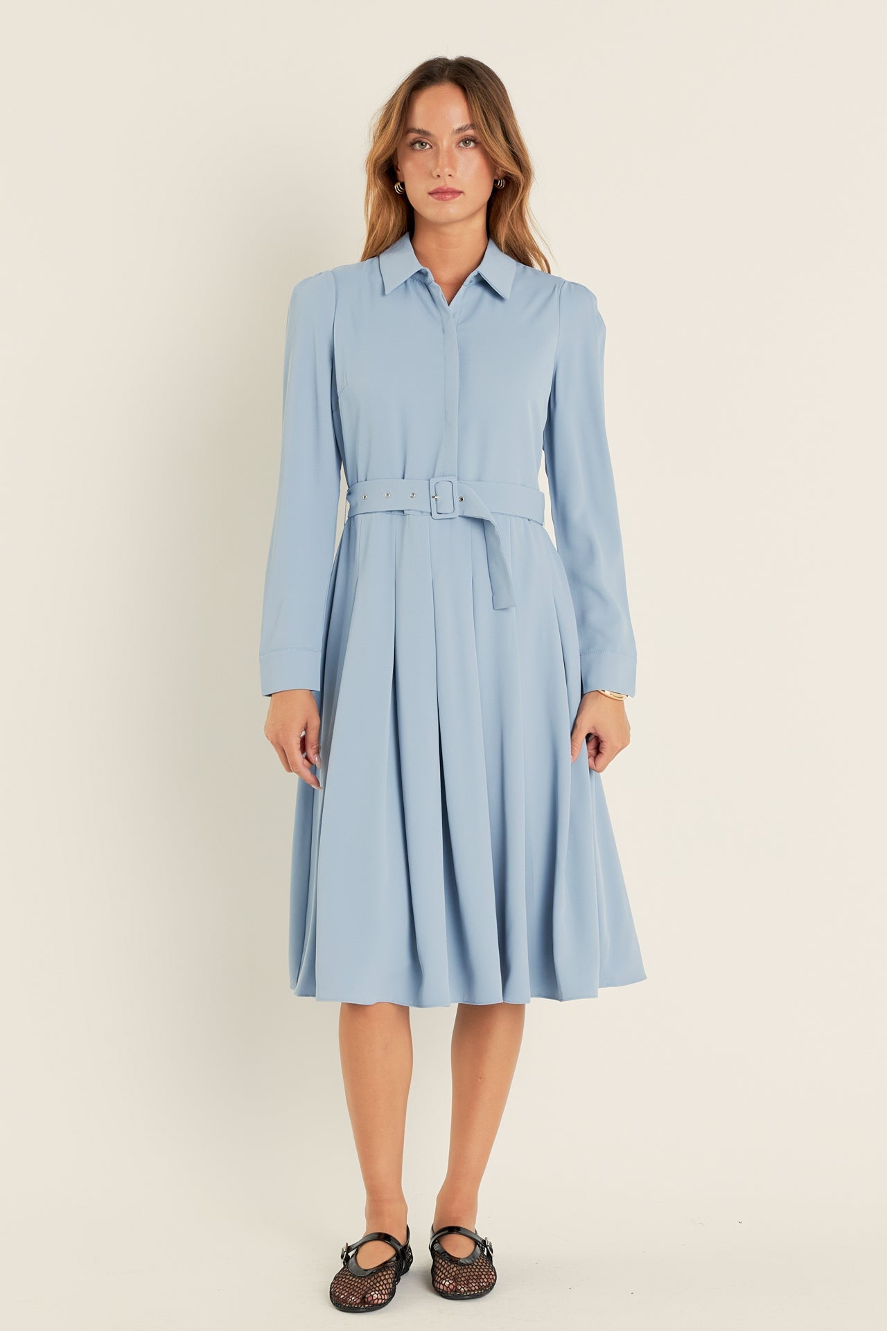 English Factory - Pleated Collared Long Sleeve Midi Dress DUSTY BLUE / M