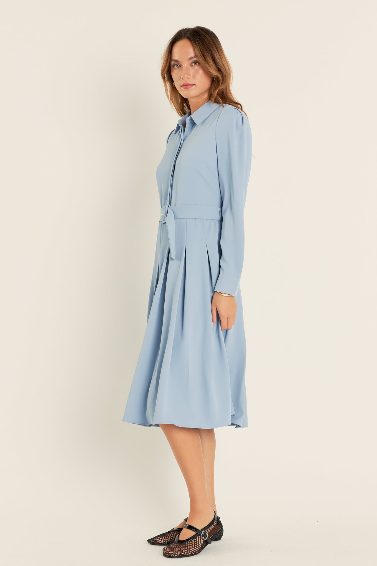collared long sleeve midi dress Collared Neck Long Sleeve Midi Shirt Dress Black Forest / L
