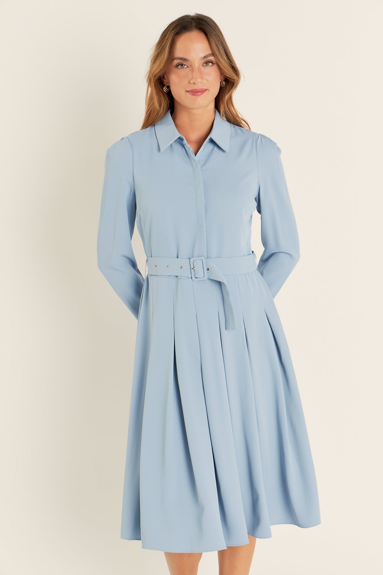 ENGLISH FACTORY - Pleated Collared Long Sleeve Midi Dress - DRESSES available at Objectrare