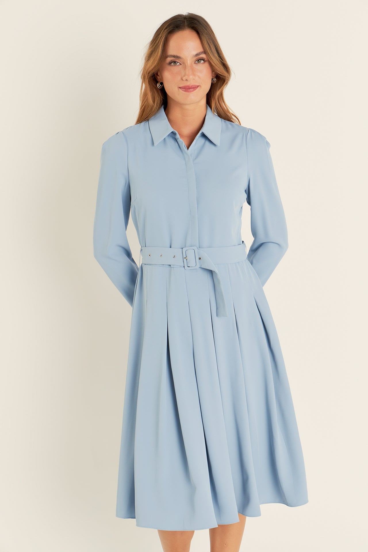 blue long sleeve collared dress Button Up Lace Up Poplin Collar, Josephine Collar Midi Dress in Blue, Size M, For Brunch