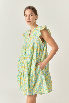 ENGLISH FACTORY - Floral Printed Babydoll V-Neck Mini Dress - DRESSES available at Objectrare