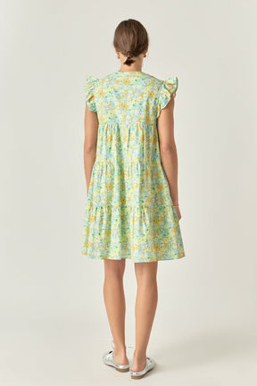 ENGLISH FACTORY - Floral Printed Babydoll V-Neck Mini Dress - DRESSES available at Objectrare