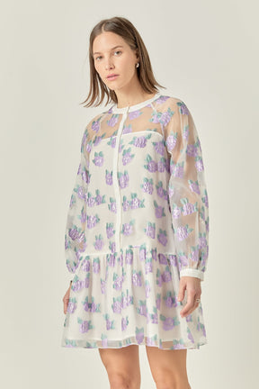 Floral Organza Buttoned Mini Dress