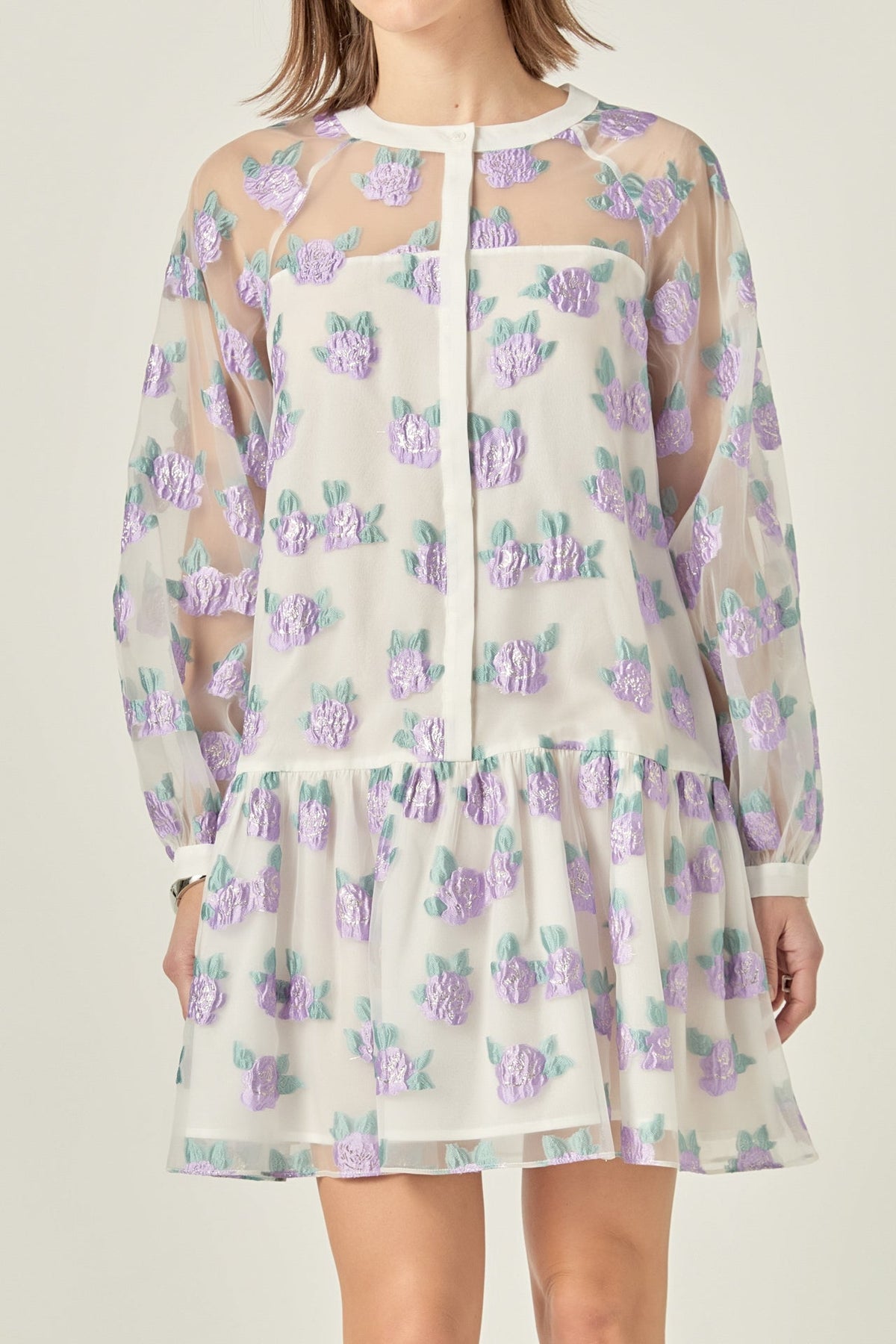 Floral Organza Buttoned Mini Dress