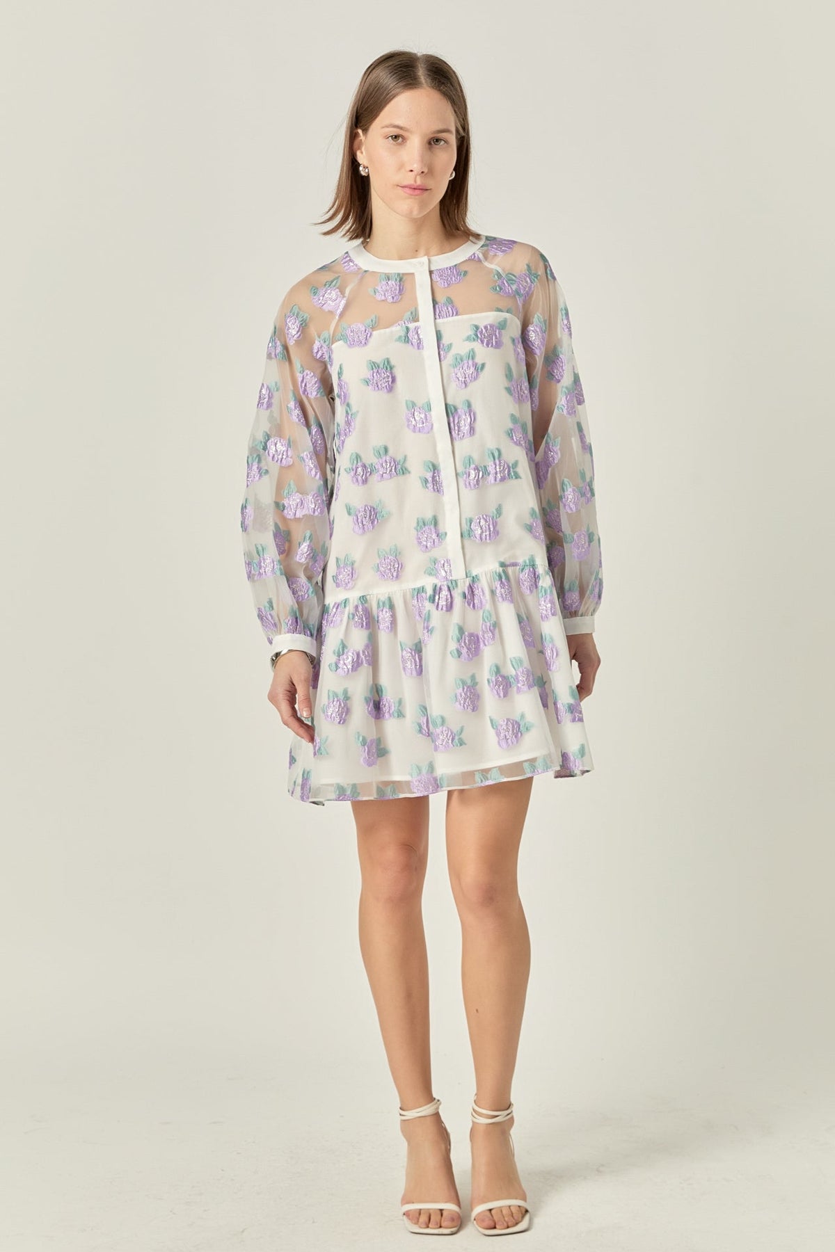 Floral Organza Buttoned Mini Dress