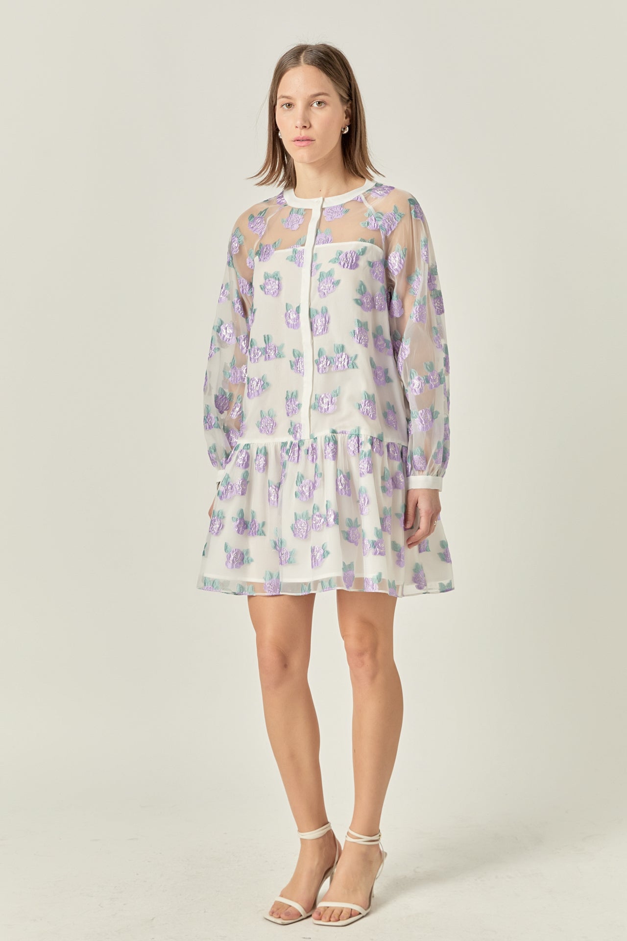 Floral Organza Buttoned Mini Dress