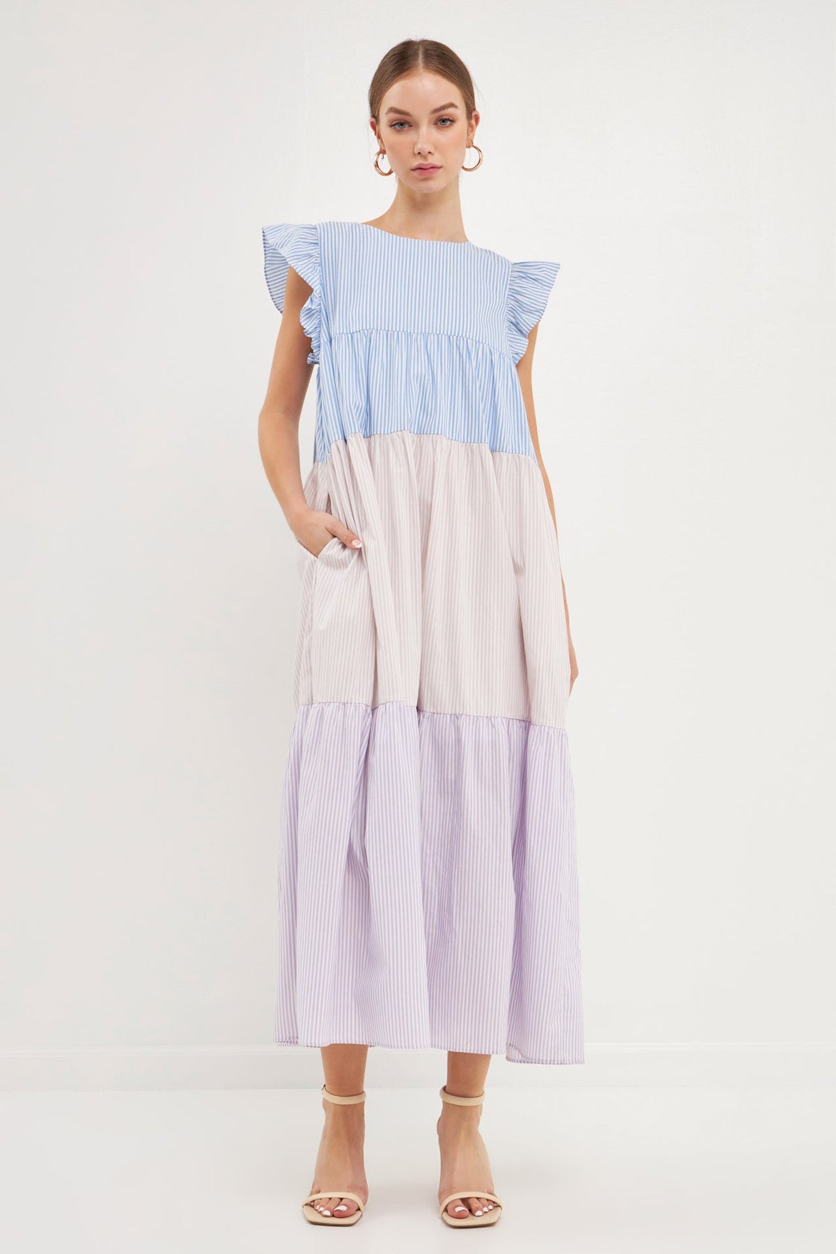 ENGLISH FACTORY - Pinstriped Blocked Ruffled Maxi Dress - DRESSES available at Objectrare