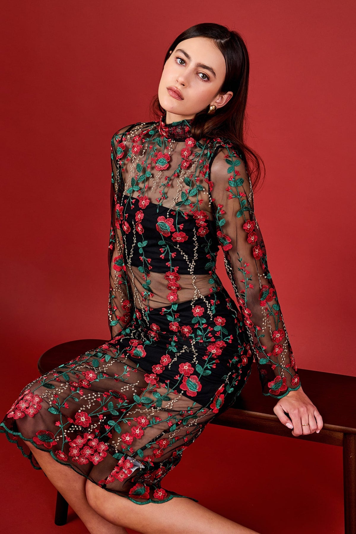 ENDLESS ROSE - Floral Embroidered Midi Dress - DRESSES available at Objectrare