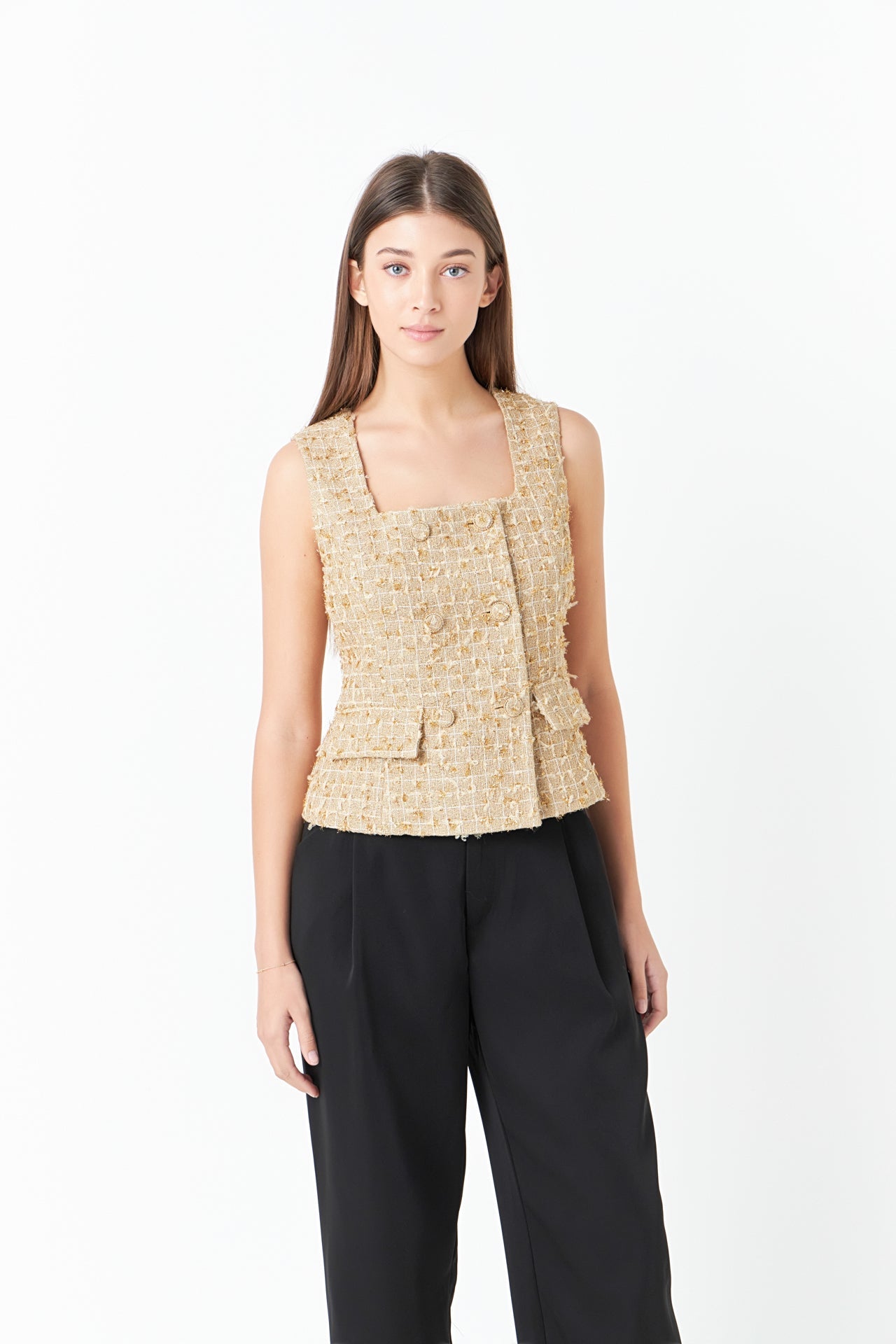 ENDLESS ROSE - Endless Rose - Gold Tweed Double Button Top - TOPS available at Objectrare