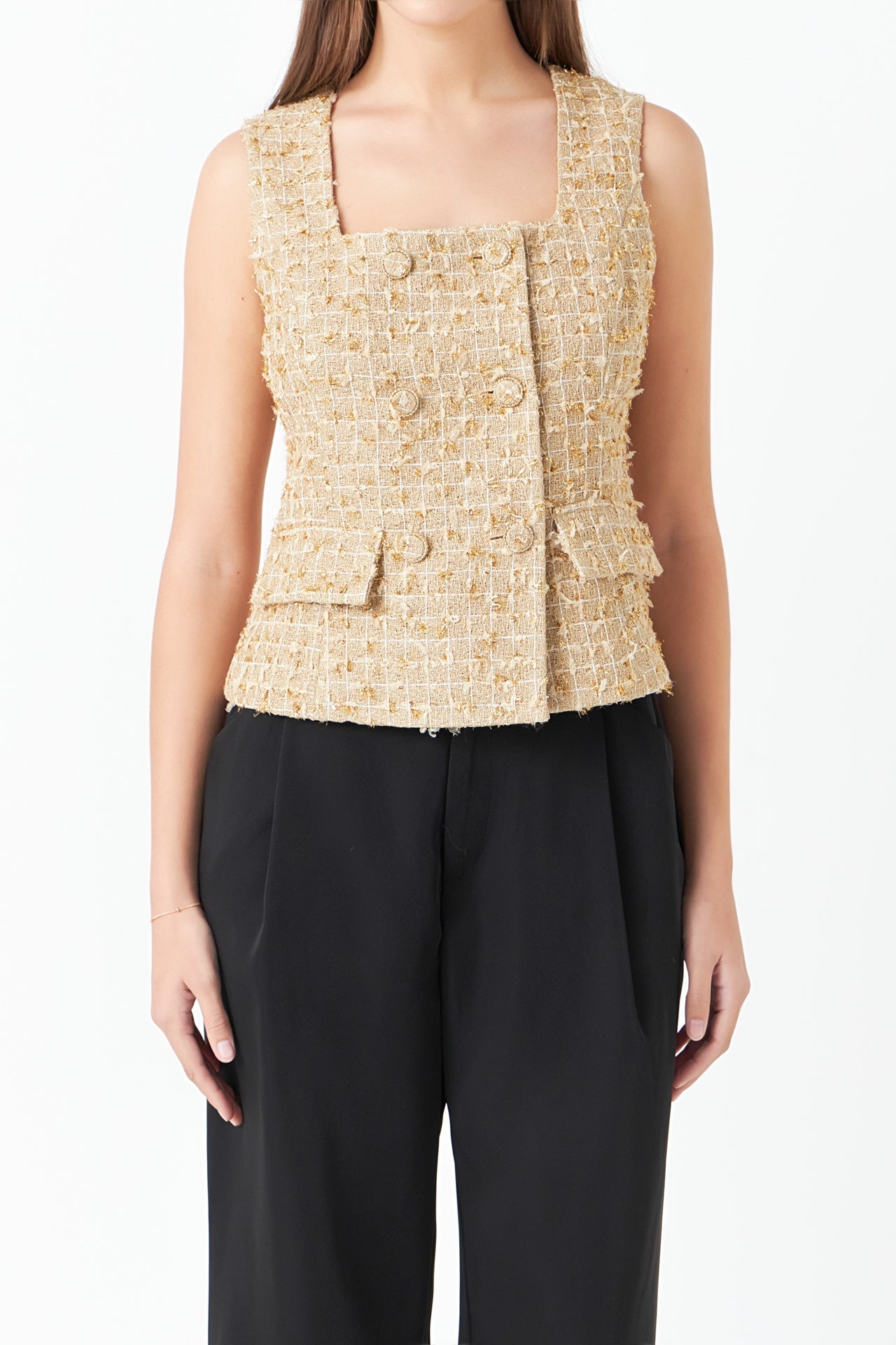 ENDLESS ROSE - Endless Rose - Gold Tweed Double Button Top - TOPS available at Objectrare