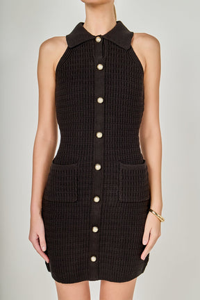 Solene Fitted Collared Knit Sleeveless Mini Dress