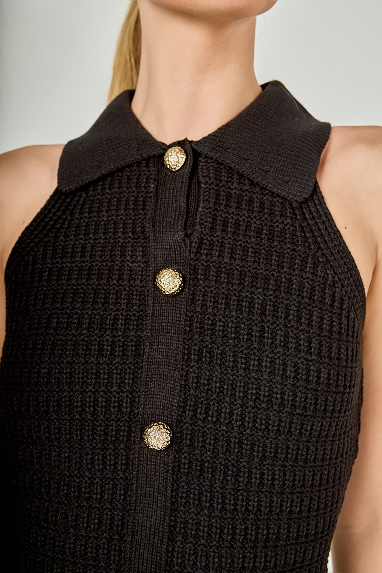 Solene Fitted Collared Knit Sleeveless Mini Dress