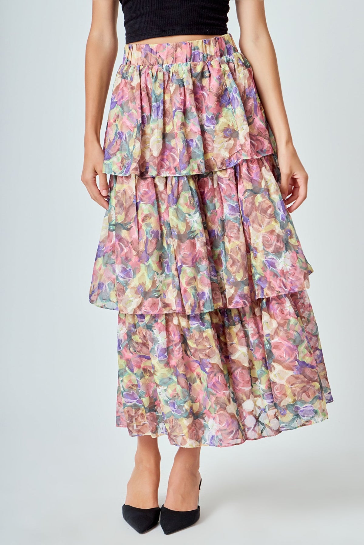 ENDLESS ROSE - Floral Tiered Maxi Skirt - SKIRTS available at Objectrare