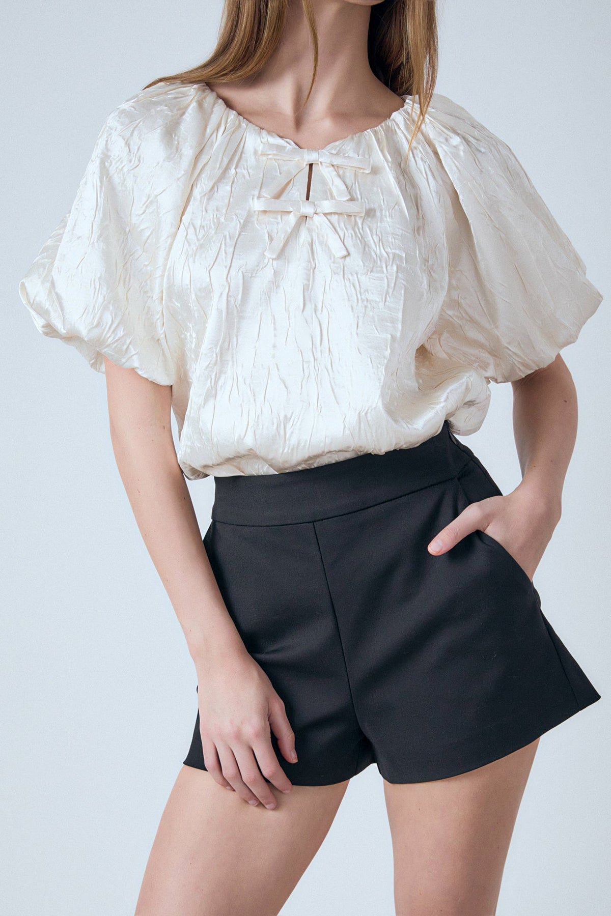 ENDLESS ROSE - Sheen Crinkle Bow Detail Top - TOPS available at Objectrare