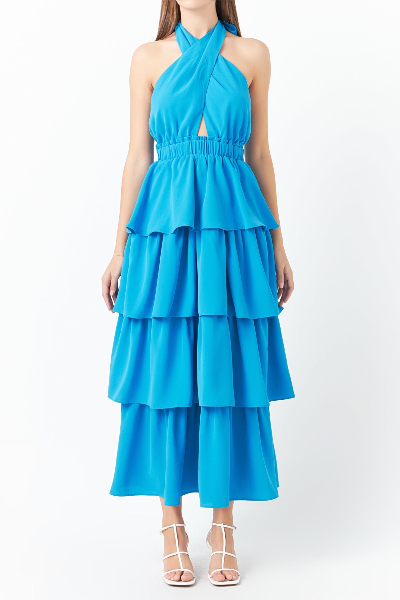 Endless Rose - Cross Halter Neck Tiered Maxi Dress Blue / M Endless Rose - Cross Halter Neck Tiered Maxi Dress Blue / M