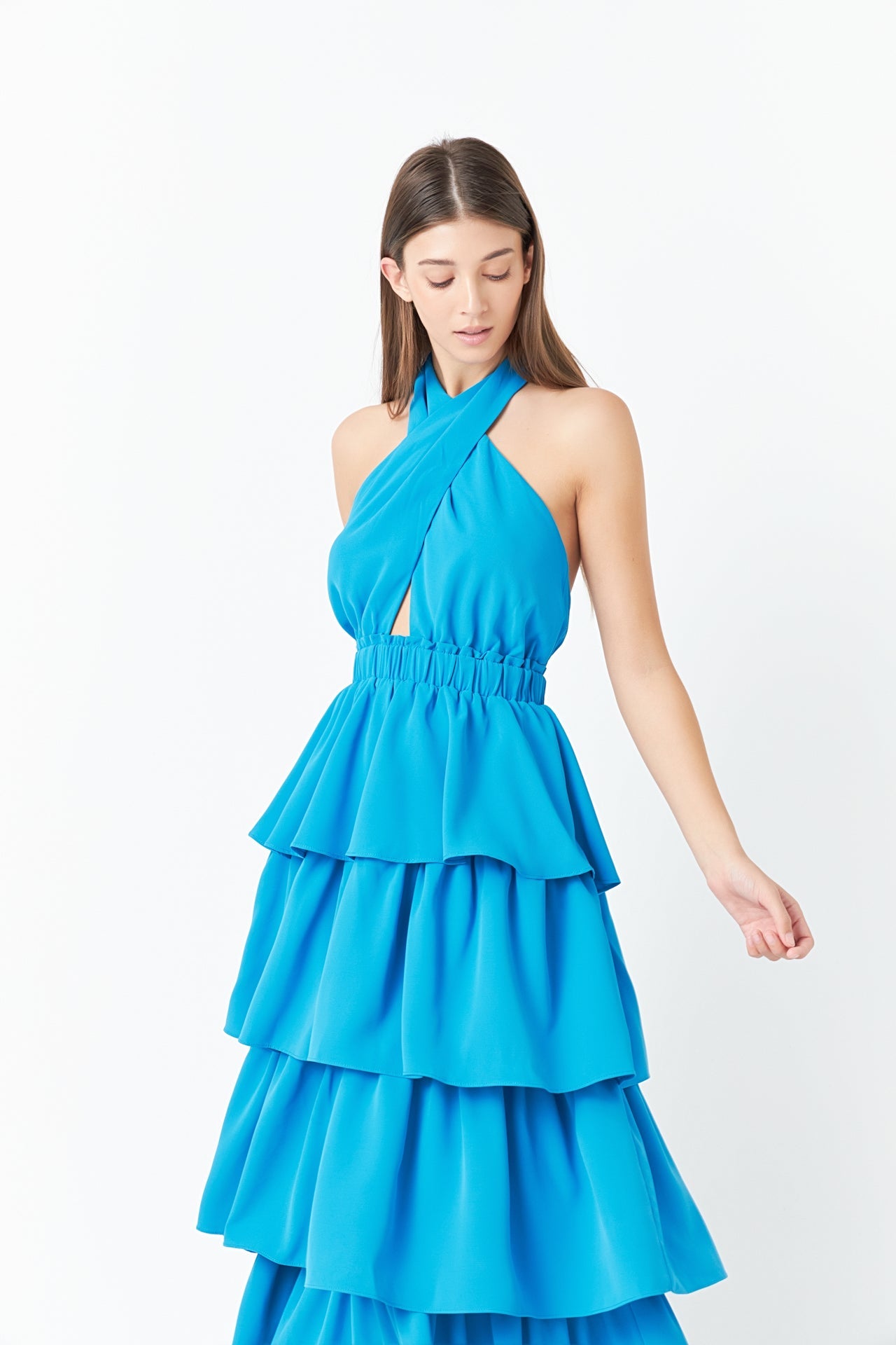 Endless Rose - Cross Halter Neck Tiered Maxi Dress Blue / M