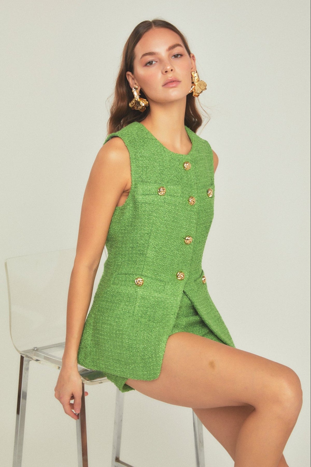 Tweed Buttoned Long Split Top
