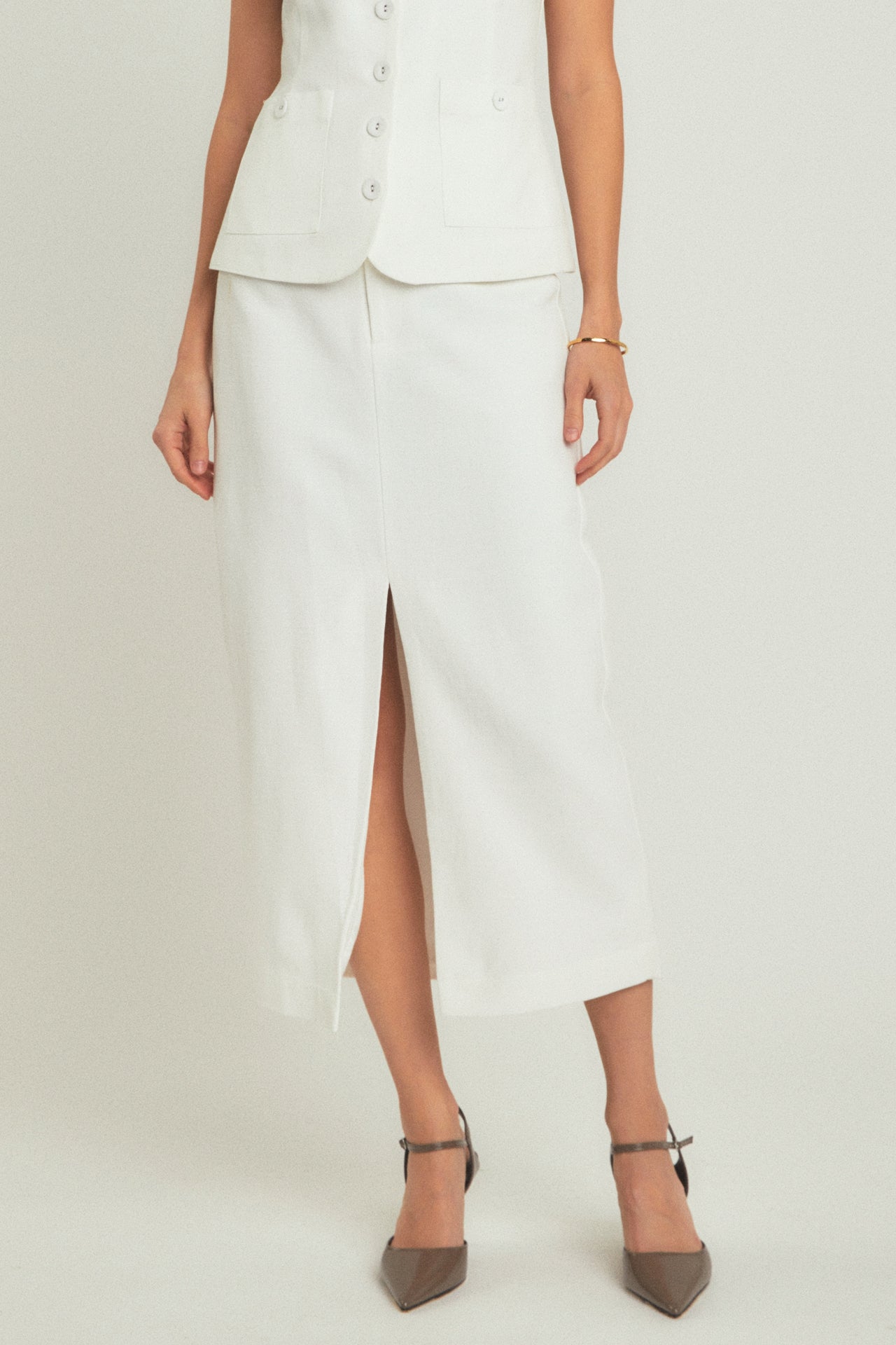 ENDLESS ROSE - Front Slit Linen Midi Skirt - SKIRTS available at Objectrare