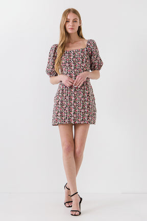 AFTER MARKET - Floral Print Mini Dress with Puff Sleeves - DRESSES available at Objectrare