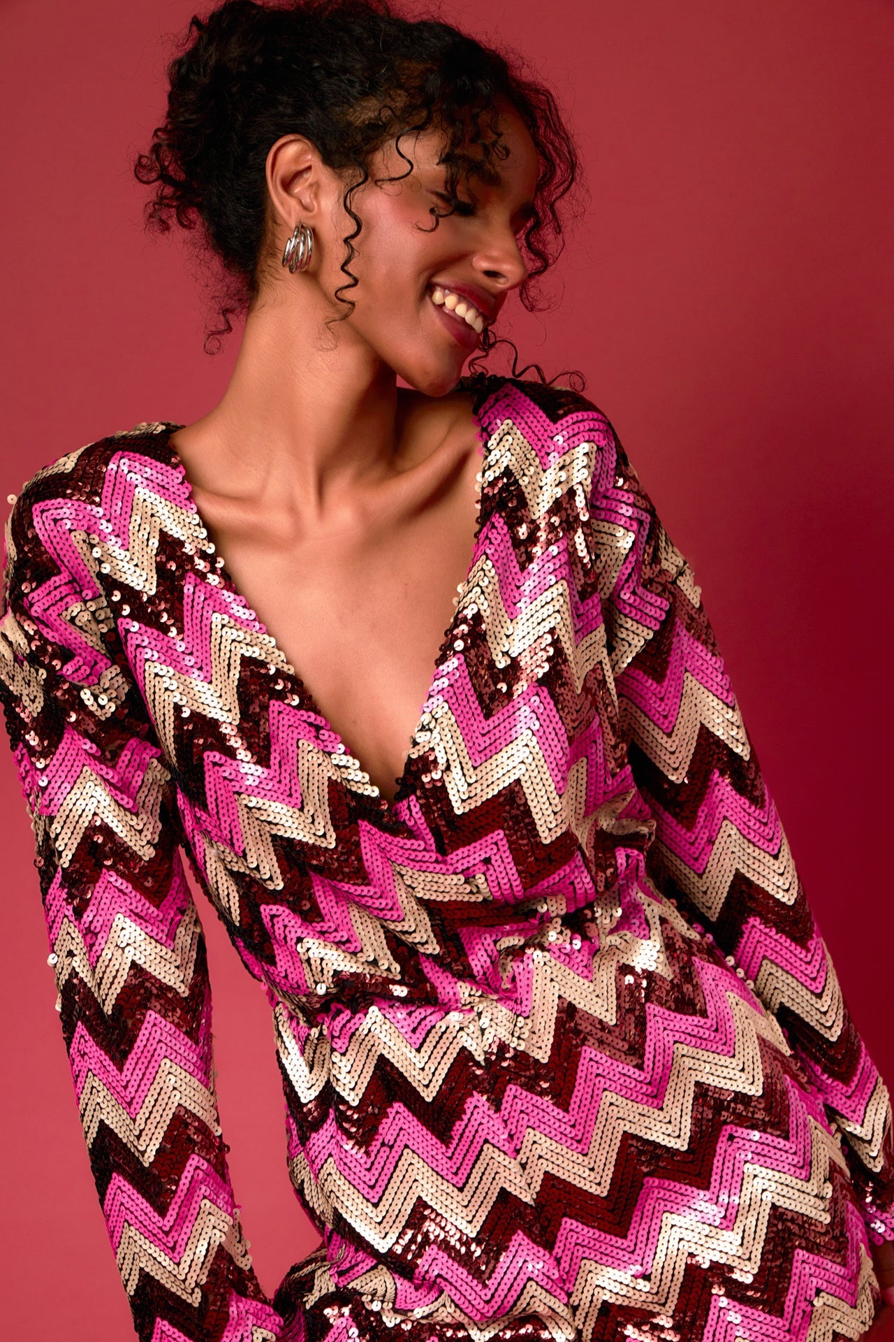 ENDLESS ROSE - Chevron Sequins Wrapped Romper - ROMPERS available at Objectrare