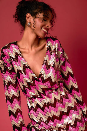 ENDLESS ROSE - Chevron Sequins Wrapped Romper - ROMPERS available at Objectrare