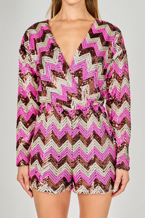 ENDLESS ROSE - Chevron Sequins Wrapped Romper - ROMPERS available at Objectrare