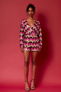 ENDLESS ROSE - Chevron Sequins Wrapped Romper - ROMPERS available at Objectrare