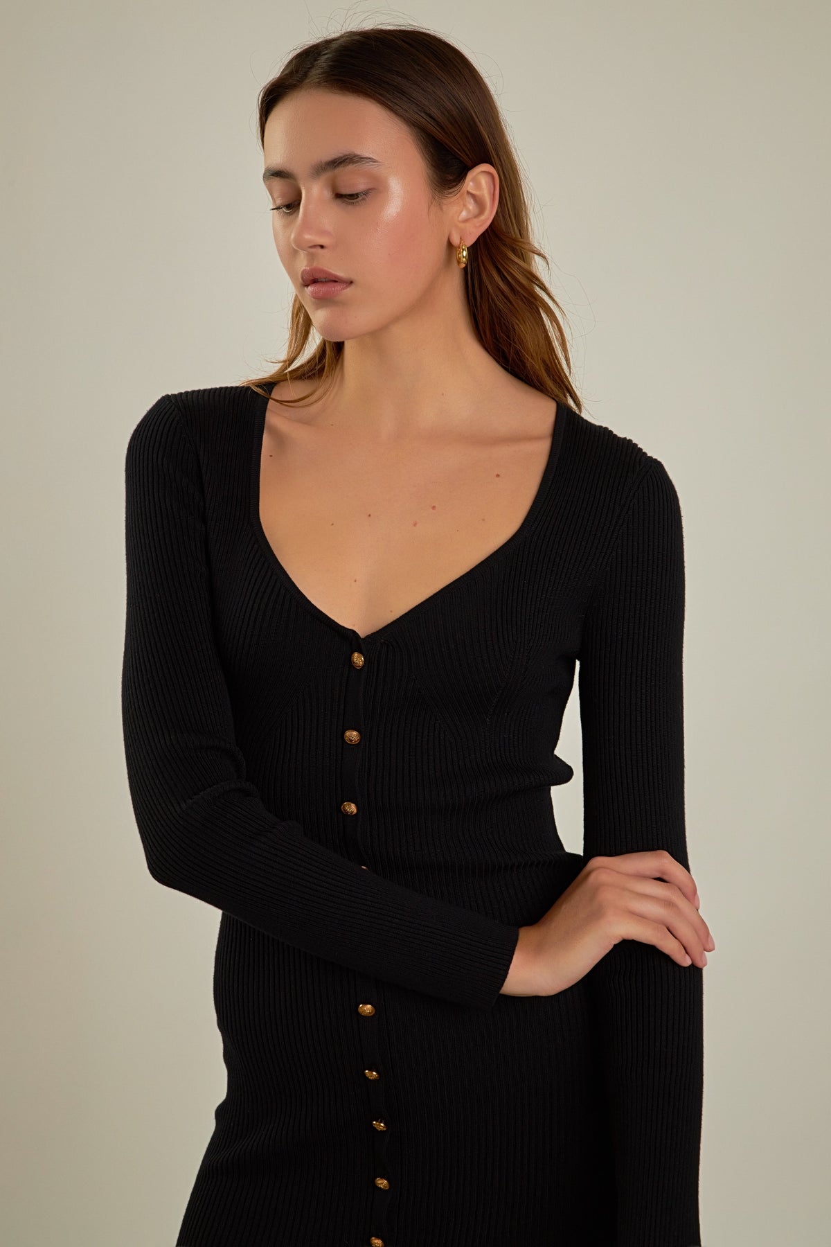 ENDLESS ROSE - Long Sleeve Button Down Knit Dress - DRESSES available at Objectrare
