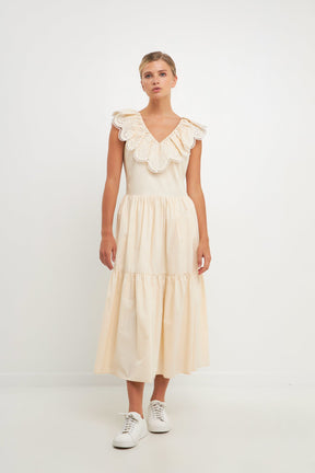 ENGLISH FACTORY - Ruffled Lace Contrast Midi Dress - DRESSES available at Objectrare