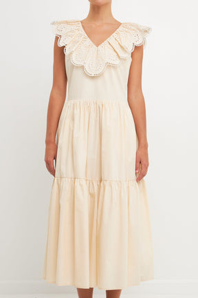 ENGLISH FACTORY - Ruffled Lace Contrast Midi Dress - DRESSES available at Objectrare