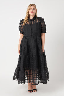 ENGLISH FACTORY - Plus Size Gridded Organza Tiered Maxi Dress - DRESSES available at Objectrare