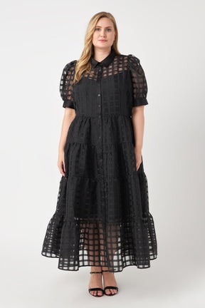 ENGLISH FACTORY - Plus Size Gridded Organza Tiered Maxi Dress - DRESSES available at Objectrare
