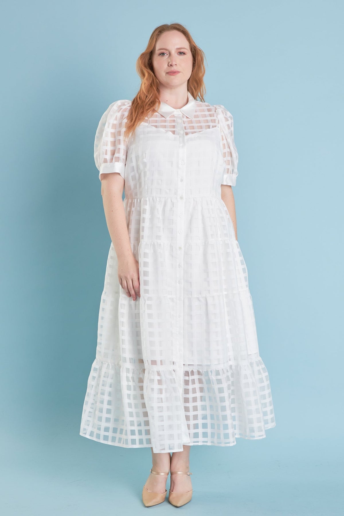 ENGLISH FACTORY - Plus Size Gridded Organza Tiered Maxi Dress - DRESSES available at Objectrare