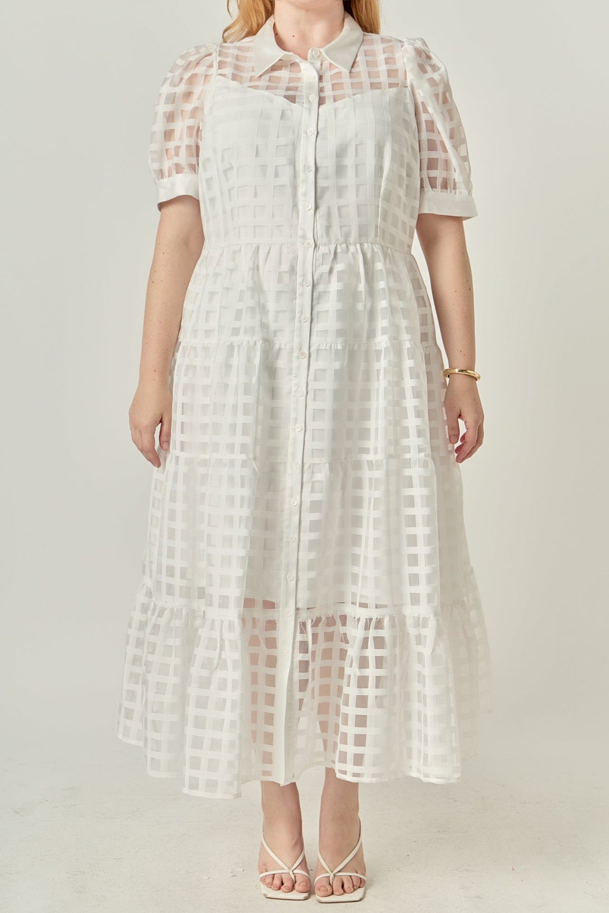 ENGLISH FACTORY - Plus Size Gridded Organza Tiered Maxi Dress - DRESSES available at Objectrare