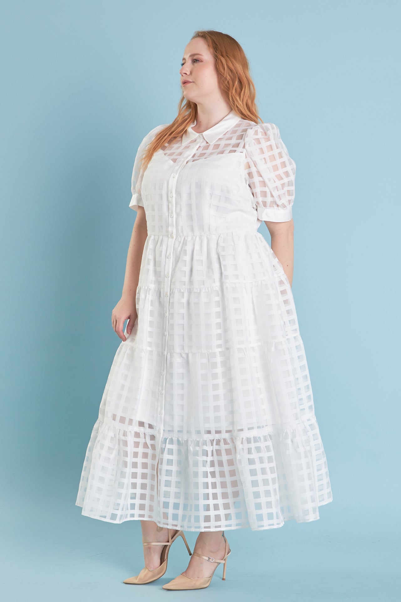 ENGLISH FACTORY - English Factory - Plus Size Gridded Organza Tiered Maxi Dress - DRESSES available at Objectrare